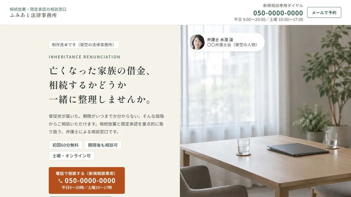 法律事務所の相談LP見本の画面