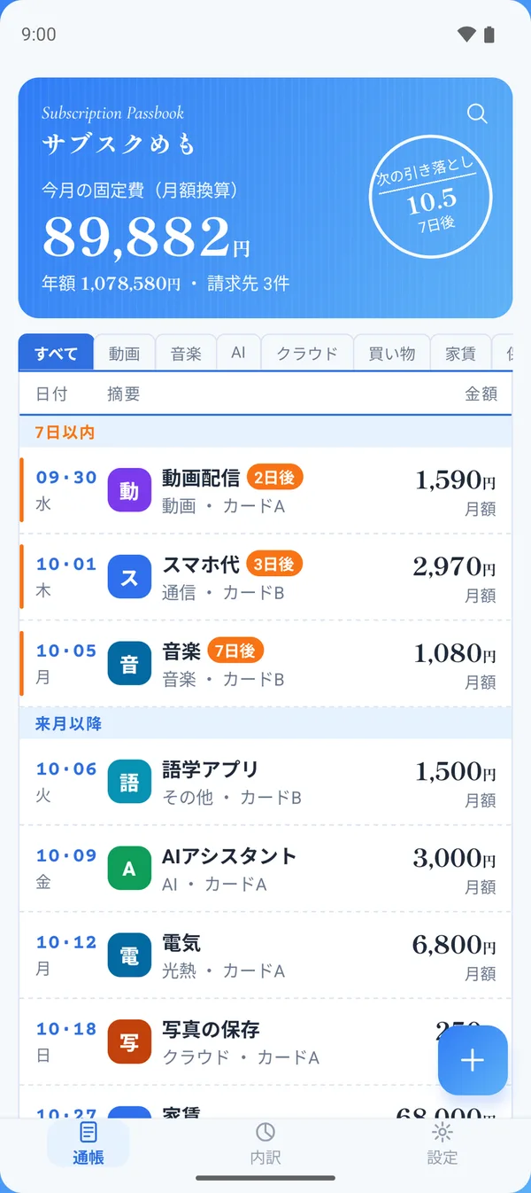 サブスクめもの通帳の画面(月額換算の合計と次の引き落とし)